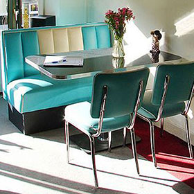 1950s retro diner table and booths R-8107-High quality turquoise stripe retro American diner booth seating Bel Air booth seating and table Chrome diner chairs set furniture