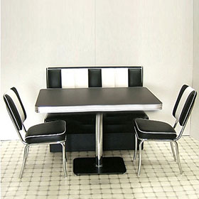 1950s retro diner table and booths R-8109-Classic American restaurant fifties style black color retro diner booth seating and diner chairs diner table set furniture
