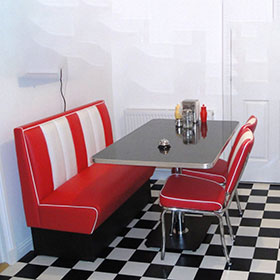 1950s retro diner table and booths R-8110-Beautiful red and white booth seating set furniture, midcentury retro diner Bel Air booth seating and Chrome diner chair table set
