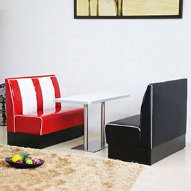 Red and white stripe backrest midcentury american retro diner table and booth sofas set, red 1950s style retro diner booth seating and table set furniture