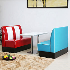 red or turquoise stripe back 1950's style american diner table and booth couches set, customize red/turquoise leather 50's diner booth couches and table set M-8113