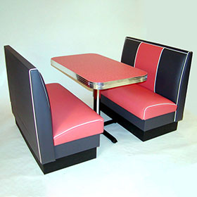 1950s retro diner table and booths R-8165-Classic black and red color stripe leather dinette 1960's american diner booth seating with red formican diner table set furniture