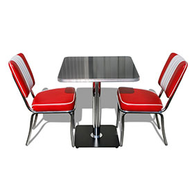 1950s retro diner table and chairs R-8182-High quality red stripe with piping leather dining room chrome 50s retro diner chairs with black diner table set furniture