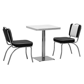 1950s retro diner table and chairs R-8183-Stripe backrest with handle american style 50s diner chairs and table set, 1950s style 2 seat black and white colour american table and chairs
