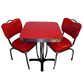 1950s retro diner table and chairs R-8184-Gloss red leather american style retro dining chairs and table set furniture, midcentury 2 seat red colour with handle retro american dining table and chairs set M-8184