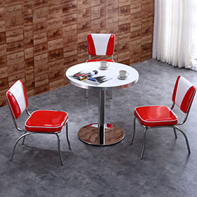 1950s retro diner table and chairs R-8186-Customaize gloss red and white V back diner retro 1950s chrome diner chairs with round stainelss steel diner table furniture set