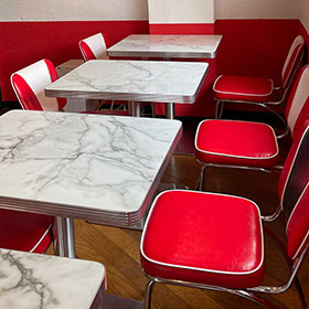 1950s retro diner table and chairs R-8187-Glossy white marble style square 1950s style retro diner table set furniture, midcentury 2 seat red and white V shape back retro diner chairs and formica marble style diner table set