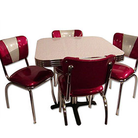 1950s retro diner table and chairs R-8196-4 seats square formica diner table with V back gloss rubby vinyl 50's american chrome diner chairs set furniture