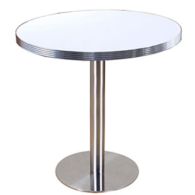 Round Formica white color table top with round #304 stainless steel table legs retro 1950's dinette table