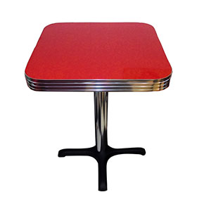 Red square color Formica laminate table top with black iron cross table legs midcentury retro 1950's dinette table