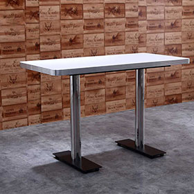 white color formican veneer 4 seater rectangle table top with 2 iron long stripe black table legs midcentury american diner table