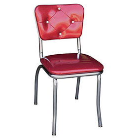 Glossy red vinyl thin seat with 4 button backrest retro dining room chair, stainless steel american style 50's retro dining room chairs