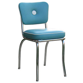 Light blue colour one button back 60s retro dining room chairs, stainless steel frame with middle button back 1960s style retro dining chairs