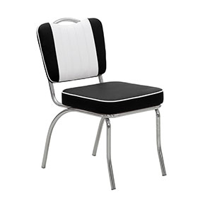 american 1950s retro diner chairs R-8365-Black and white leather restaurant steel retro 50s dining chairs, stainless steel frame with handle back black leather 50s retro dining chairs