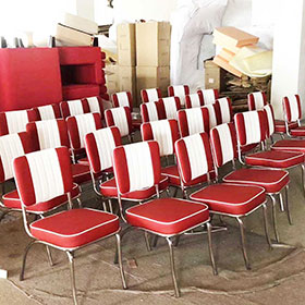 american 1950s retro diner chairs R-8369-Stripe back red and white leather 1950s retro dining room chairs, red color steel frame retro 1950s dining chair with stripe backrest