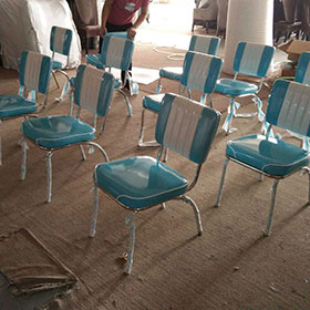 american 1950s retro diner chairs R-8370-Gloss turquoise vinyl fast food room 1950s style retro chrome chairs, steel frame with gloss turquoise leather retro 1950s fast food chairs