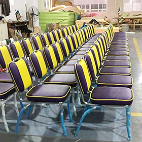 american 1950s retro diner chairs R-8372-Customize purple with yellow stripe back midcentury retro diner chairs, steel frame with handle back 1950s retro dining room chairs