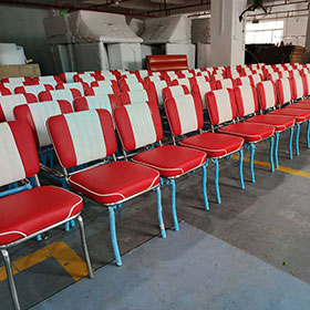Factory red channeled 50s diner chairs-American style midcentury smooth with piping thick seater retro diner chairs, 4 channeled red and white 50s diner chairs gallery