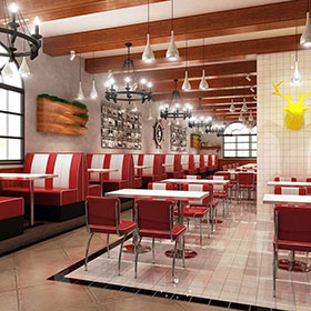 Red and white color midcentury american retro diner booth seating and table set, red american retro bar chairs and table set gallery