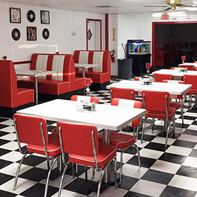 Classic red and white american retro diner booth sofas and table set, retro diner chairs and table set furniture gallery