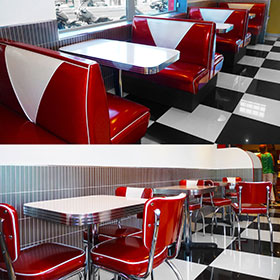 Australia warhington american diner-1950s style rubby color american retro diner booth sofas and table set, retro diner chairs and table set furniture gallery