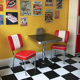 UK Classic 50s Diner-Classic red and white sripe back 1950s diner chairs and table, black color retro 1950s diner table and red diner chair set gallery