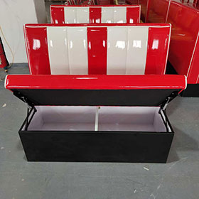 american 1950s retro diner booths R-8566-Glossy vinyl red and white color upholstered retro 1950s diner booth seating with storage bottom red 50s diner booth couches