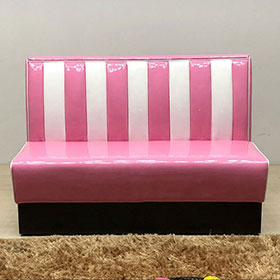 american 1950s retro diner booths R-8516-Pink and white colour 1950's retro dinette booth sofas furniture, stripe backrest 3 seater pink PU leather 50's style dinette retro booth seating
