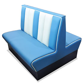 american 1950s retro diner booths R-8534-Vintage blue stripe backrest back to back retro 50s booth seating furniture, blue and white leather back to back 50s retro booth seating