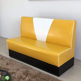 american 1950s retro diner booths R-8543-Gloss yellow colour V back 3 seat 1950s coffee room  booth couches, with black footer long V backrest retro 1950s coffee booth couches