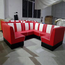 american 1950s retro diner booths R-8553-Midcentury 1950's style red and white retro corner booth couches, red colour stripe back U shape retro diner corner booth couches