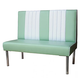 american 1950s retro diner booths R-8564-Metal frame stripe back retro 1960's dining room booth seating, light turquoise simple shape restaurant metal retro dining booth furniture