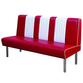 american 1950s retro diner booths R-8565-Metal frame red and white 3 seat 1960s retro dining booth couches, stripe back 59in red leather retro 1960s dining room booth couches