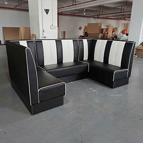 Square 3/4 shape black and white color 1950s diner booth seating, black and white 3/4 U shape retro diner booth couches