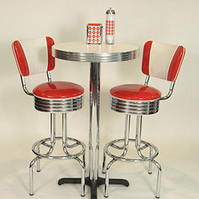 50s retro bar tables and chairs set R-8603-Durable black round retro 50s table and barstools set furniture, American 1950s retro bar table barstools set