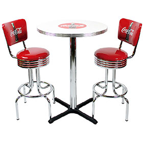 50s retro bar tables and chairs set R-8604-hotsale red color with cola pattern 1950s american dining room retro bar stools and bar table set