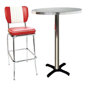 50s retro bar tables and chairs set R-8611-Wholesale stripe back restaurant midcentury retro chrome bar chairs and table set,1950s retro american commercial bar table and bar chairs set