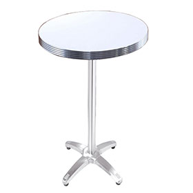 american 1950s retro diner bar table R-8715-Hotsale ice white Formican laminate with aluminium table edge retro bar table, glossy cross steel table legs high american 50s diner bar table