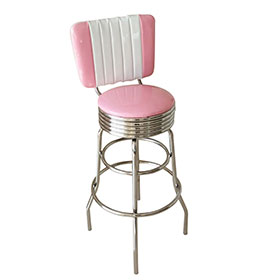 american 1950s retro diner stools R-8803-Customize pink color glossy vinyl leather #304 steel mid century retro diner bar chairs, with footer thin seater steel retro club bar stools furniture