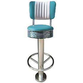 Colorful turquoise/yellow leather 65/75cm round seater height cafeteria retro barstools, fixed to floor with screws chrome retro cafeteria bar stools