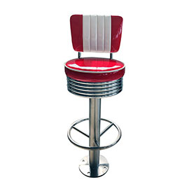 Fixed to floor glossy red and white stripe back retro round barstools, steel frame with red leather upholstered retro diner bar stools