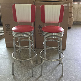 american 1950s retro diner stools R-8837-Steel red and white round american style retro 50s bar stools, dining room stainless steel red stripe back round 1950s retro bar stools chairs