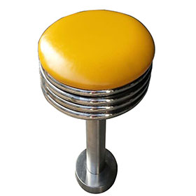 Yellow stainless steel short 1950s style cafeteria round retro bar stools, 25.5inch height steel frame fixed to floor round retro 50s bar stools