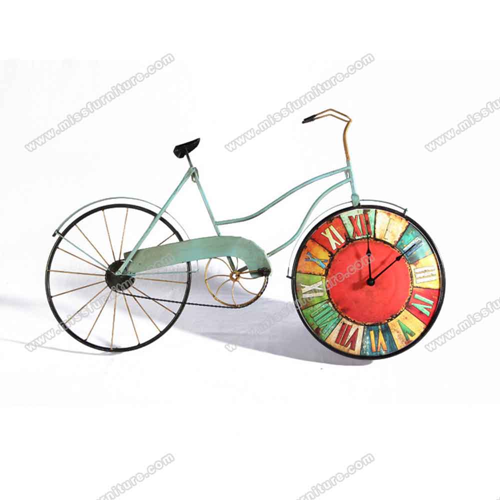 1950s retro diner decor design R-8912-Iron bike with colorful clock diner wall decor, 50's retro diner wall decor design pendant old bicycle and clock