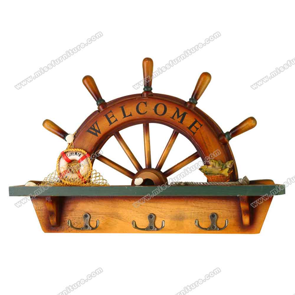 1950s retro diner decor design R-8910-Solid wood ship model retro diner wall decor, old wood ship and rudder model retro diner wall decoration