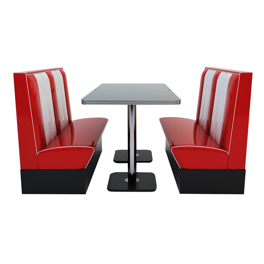 Hotsale double seating American retro diner red stripe booth seating and black table set furniture,American 1950s retro diner table and booth seating set furniture R-81022