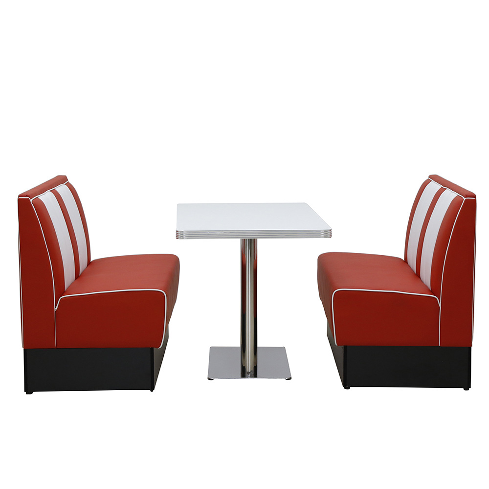 Durable red and white stripe American retro diner booth seating and white table furniture set,American 1950s retro diner table and booth seating set furniture R-81032
