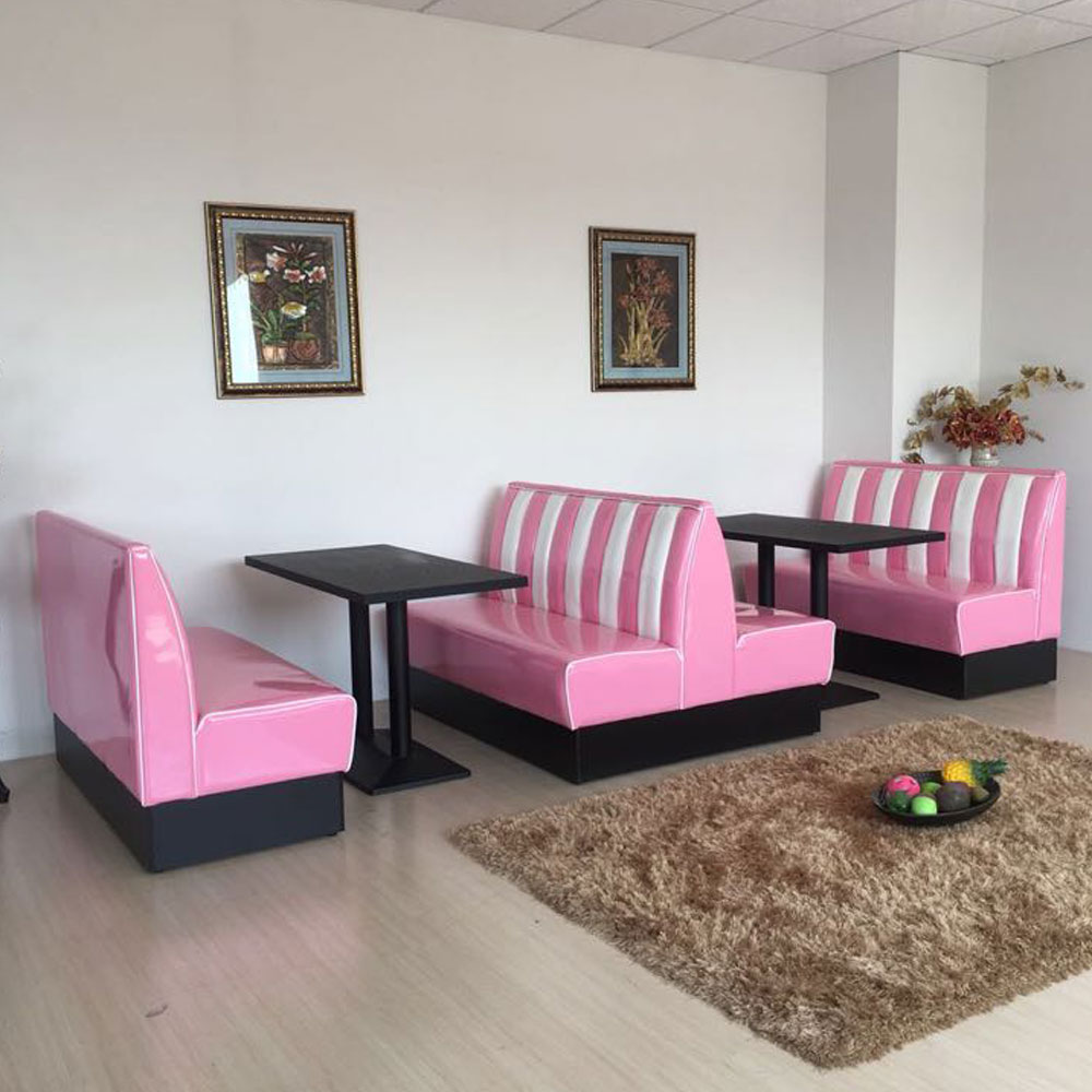 1950s retro diner table and booths R-8106,Fifties style retro pinke and white double side American diner booths seating with black tables furniture set