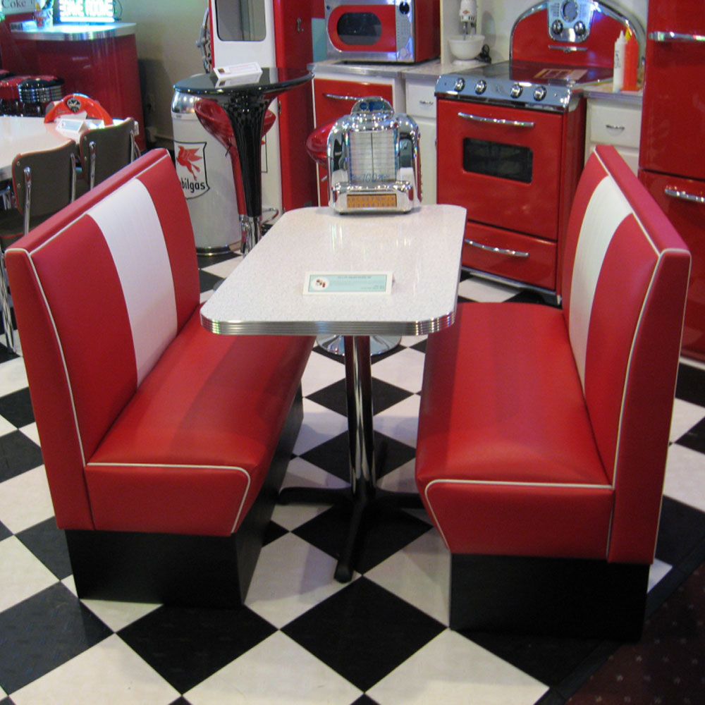 High quality red and white 1950s style retro american diner Bel Air booth seating and white table set,American 1950s retro diner table and booth seating set furniture R-8108