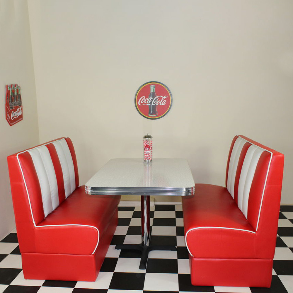 1950s retro diner table and booths R-8111,American restaurant furniture fifties retro style red diner booth seating and rero table set furniture for sale